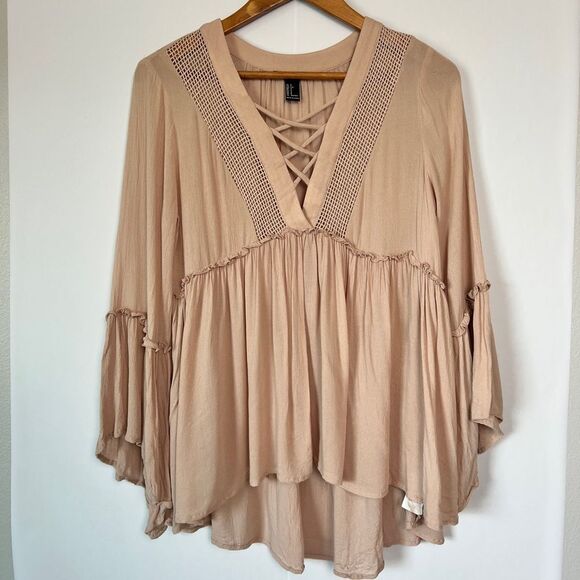 FOREVER 21 Nude Pink Bell Sleeve V-neck Mesh Detail Flowy Ruffle Boho Blouse - Picture 5 of 11